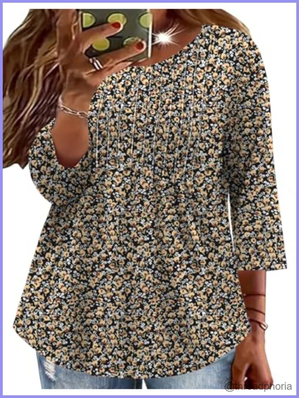 Womens Plus Size Pleated Tunic Top 3/4 Sleeve Crewneck Casual Blouse